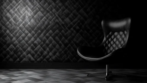 Curved black lounge chair stands before textured dark wall