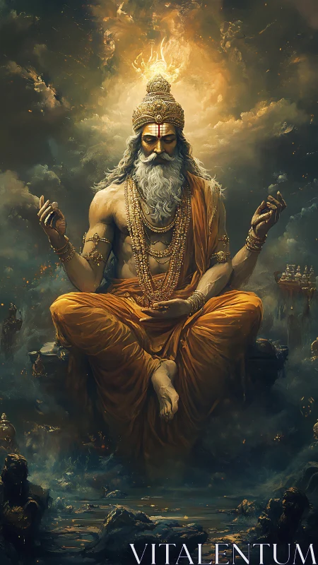 Seated robed sage figure in luminous atmospheric setting.