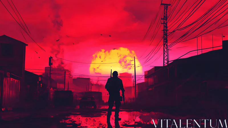 Wanderer in crimson twilight crossing a quiet ruined street.