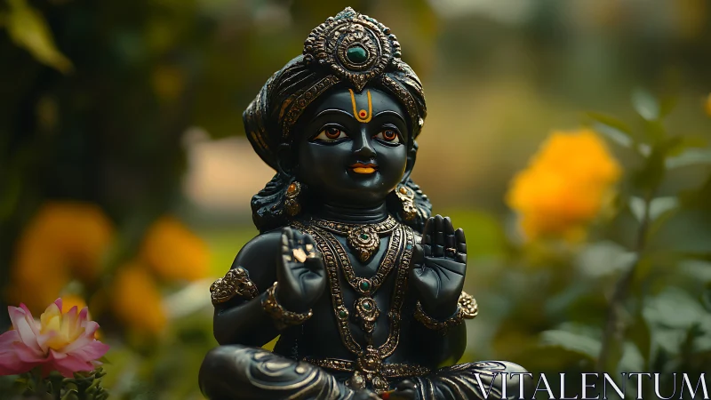Gentle dark stone deity statue in a soft garden glow.