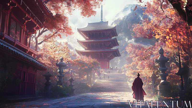 Autumn temple courtyard with pagoda and solitary figure.