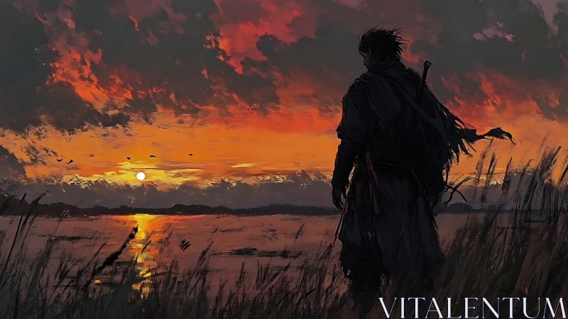 Lone cloaked warrior watches fiery sunset over water.