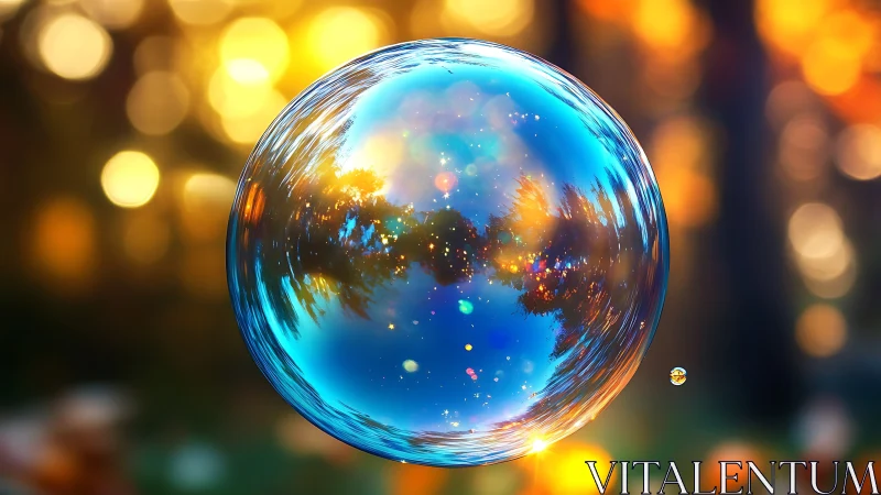Single soap bubble with colorful forest reflections.