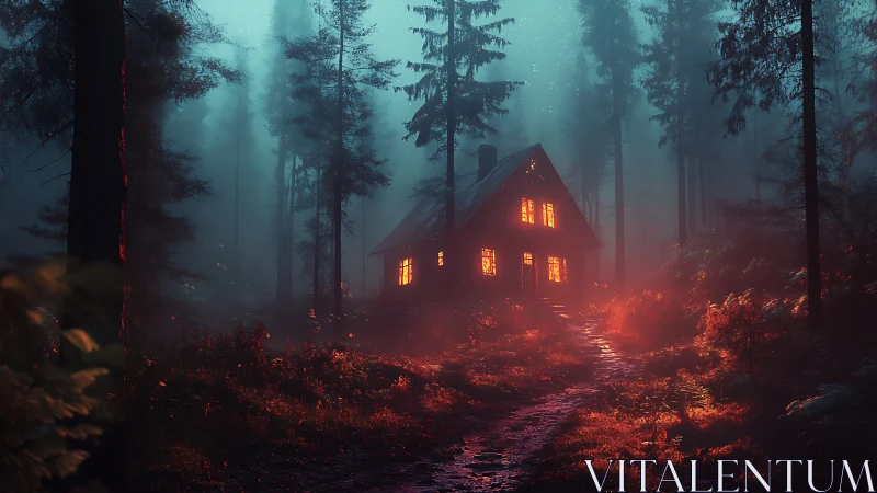 Isolated cabin glowing in misty forest darkness.