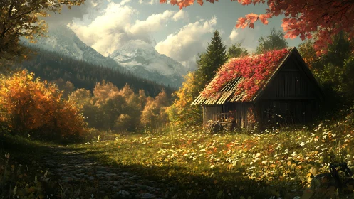 Digital painting of autumn cabin amid alpine wildflower meadow.