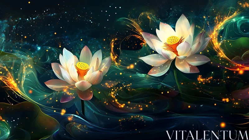 Luminous lotus blooms swirl through cosmic water currents.