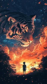 Starlit tiger spirit studies a dreaming child at dusk