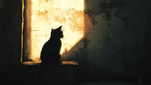 Cat silhouette bathed in golden sunlight through weathered window.