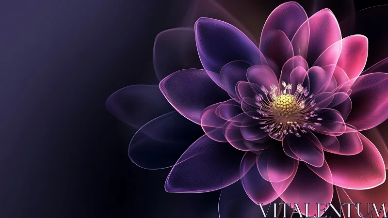 Iridescent digital lotus bloom with translucent neon petals.