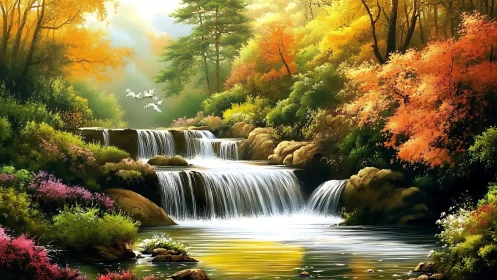 Autumn chorus of waterfalls and wandering cranes at dawn.