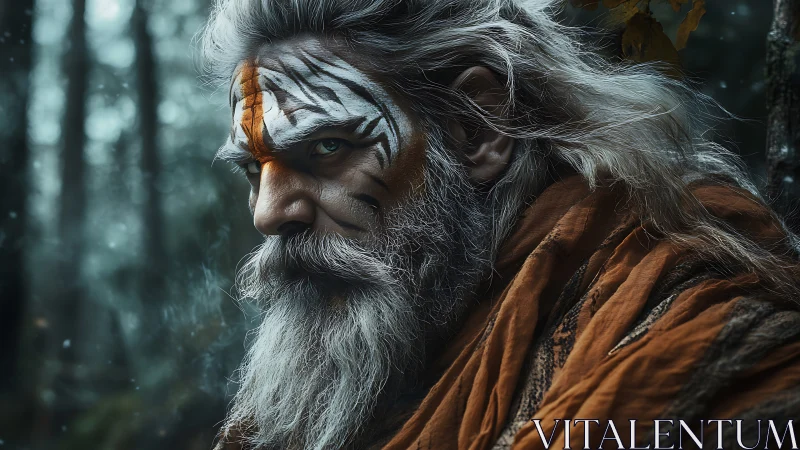 Elder warrior with tiger face paint in misty forest scene.