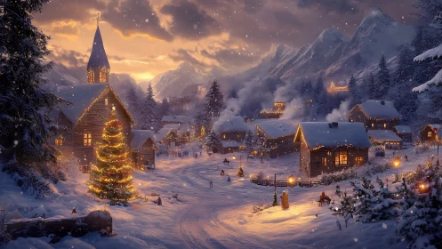 Snow covered village with illuminated houses and trees at dusk.