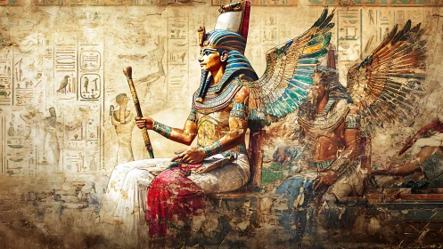 Egyptian pharaoh seated before winged deity mural scene.