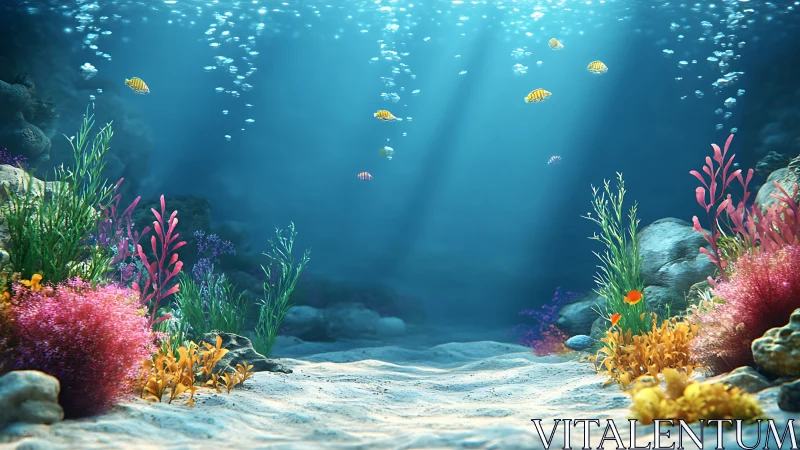 Sunlit coral reef glows beneath clear tropical water.