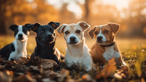Photorealistic autumn portrait of four dogs in golden bokeh field.