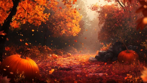 Autumn's Fiery Cathedral: Pumpkins in Golden Tempest.