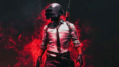 Helmeted warrior rising from neon-red digital embers.