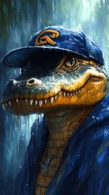 Hydrophobic reptilian portrait with urban streetwear detailing.