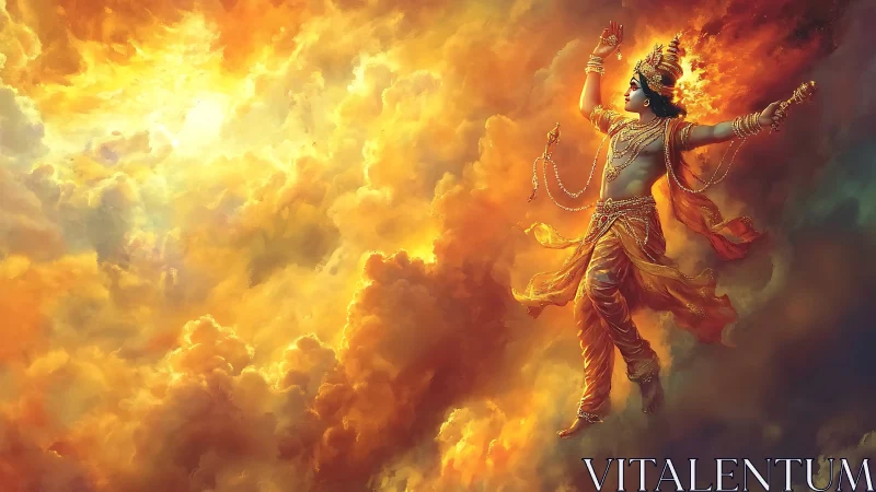 Divine celestial dancer rises through blazing golden clouds.