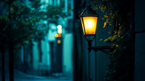 Gaslit wall lantern illuminating ivy on dim blue street