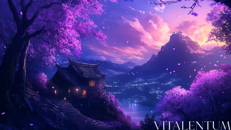 Mountain village at dusk with riverside lights and cherry trees.
