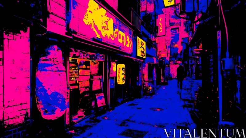 Neon-saturated urban alleyway rendered in high-contrast duotone palette