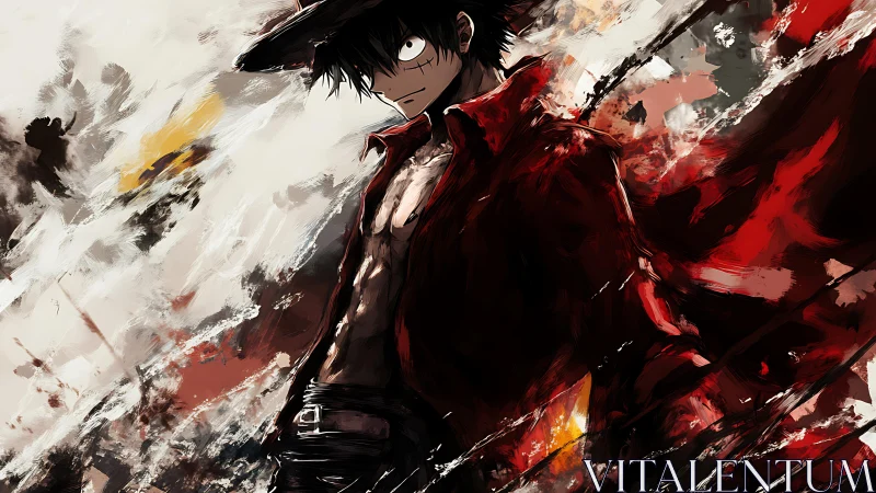 Anime figure in red coat stands amid abstract brush strokes