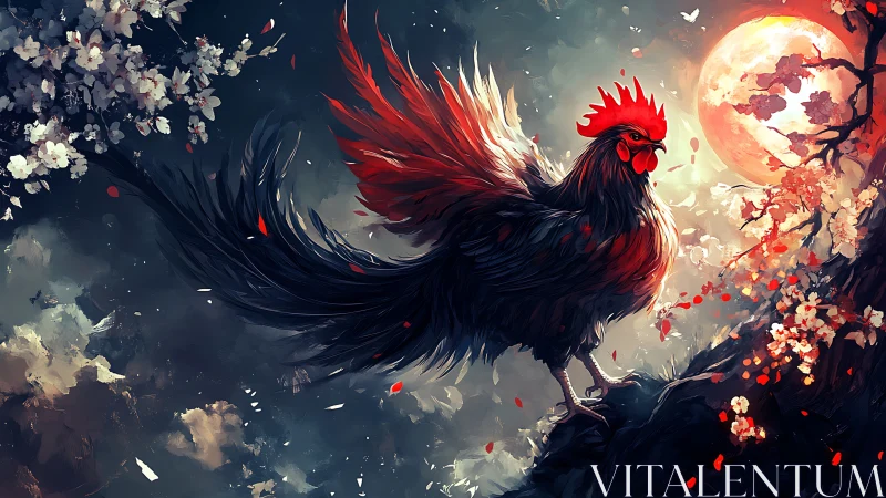 Radiant rooster spreads fiery wings beneath a glowing moon