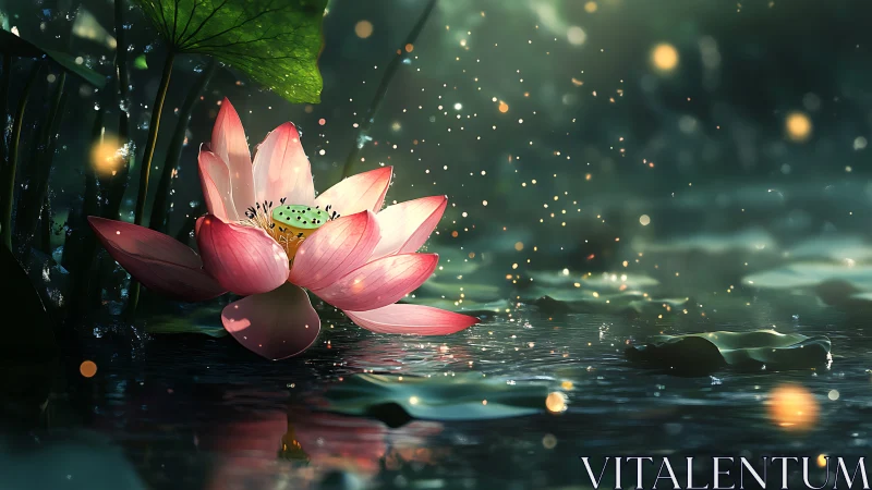 Bioluminescent lotus pond with resting frog and fireflies.