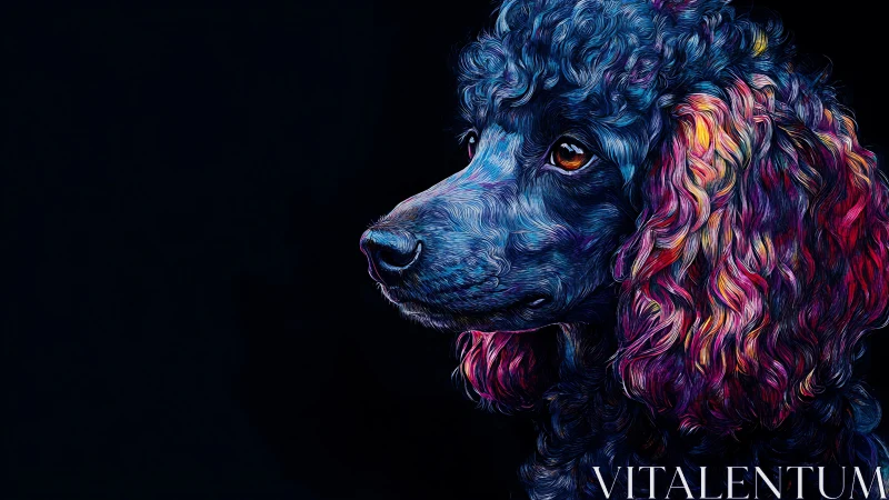Colorful poodle portrait glowing softly against dark night.