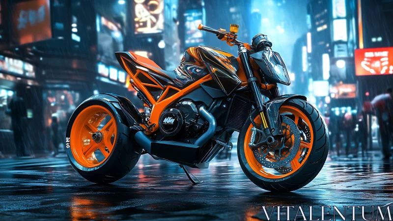 Electric orange street bike in neon drenched cyberpunk city.