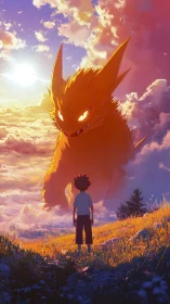 Anime sunset confrontation with colossal fiery beast silhouette.