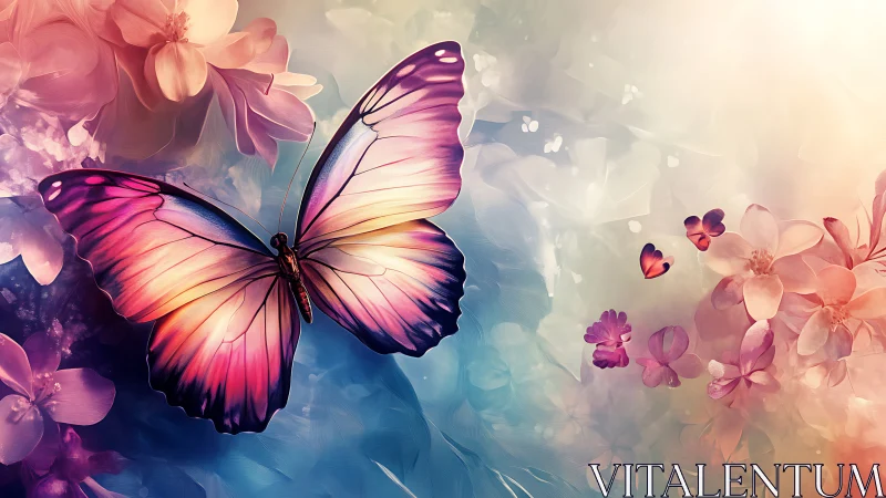 Luminous twilight butterfly drifting through pastel blossoms.