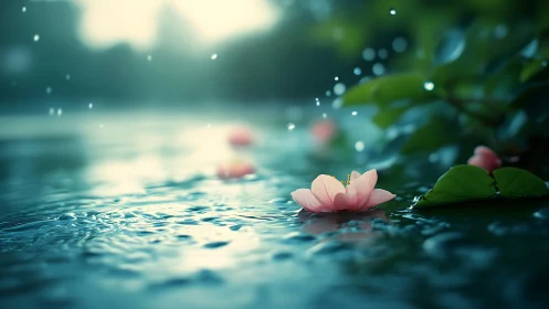 Raindrop serenade over a lone pink blossom drifting softly.