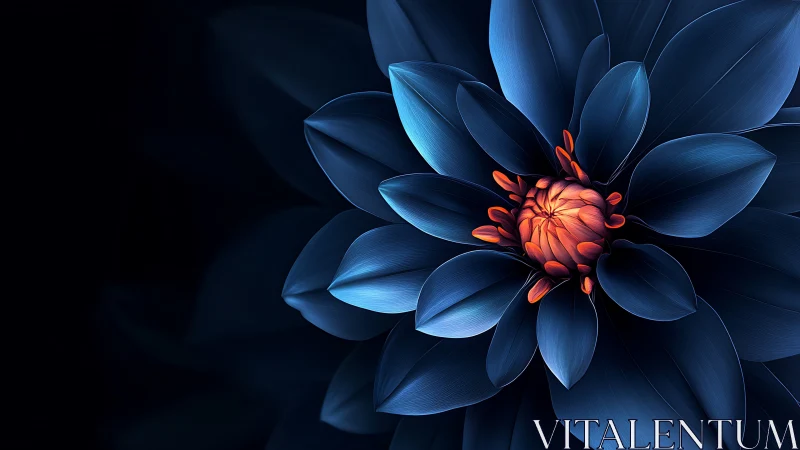 Blue Bloom with Fiery Heart Glowing in Darkness.