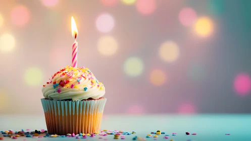 Single Lit Birthday Cupcake with Colorful Sprinkles and Blurred Background