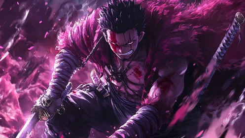 Battle-worn anime swordsman in intense purple storm.