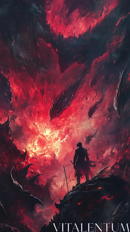 Lone swordsman confronts infernal vortex in dynamic vertical blaze