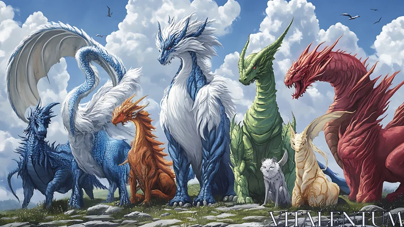 Fantasy dragon lineup under bright cloudy daytime sky.