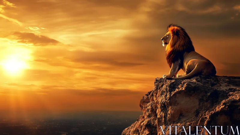 Adult lion on rocky cliff edge at sunset horizon view.