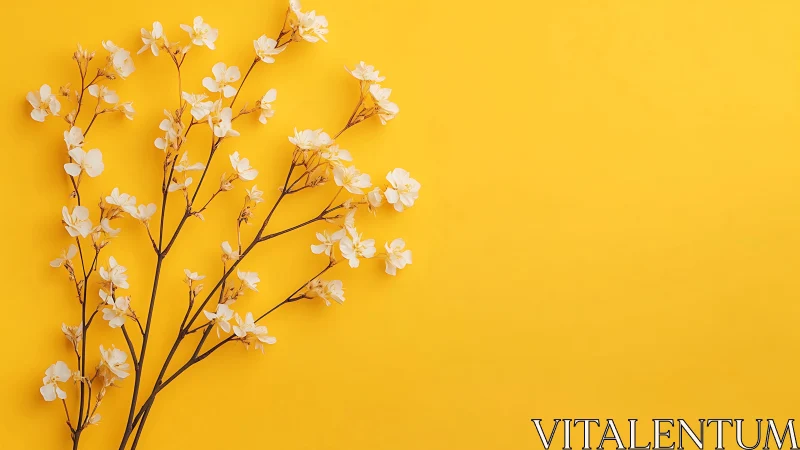 Delicate Botanical Study: White Flowers Against Chromatic Yellow Ground.