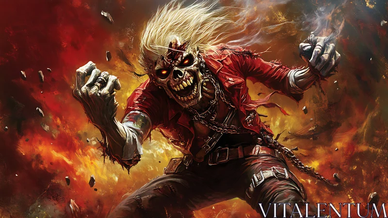 Flaming skeletal warrior lunging forward in fiery chaos.