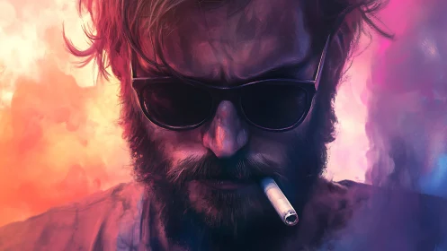 Bearded man in sunglasses smokes under neon vapor haze