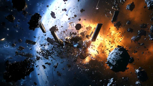 Space debris field intersects planetary limb under impact