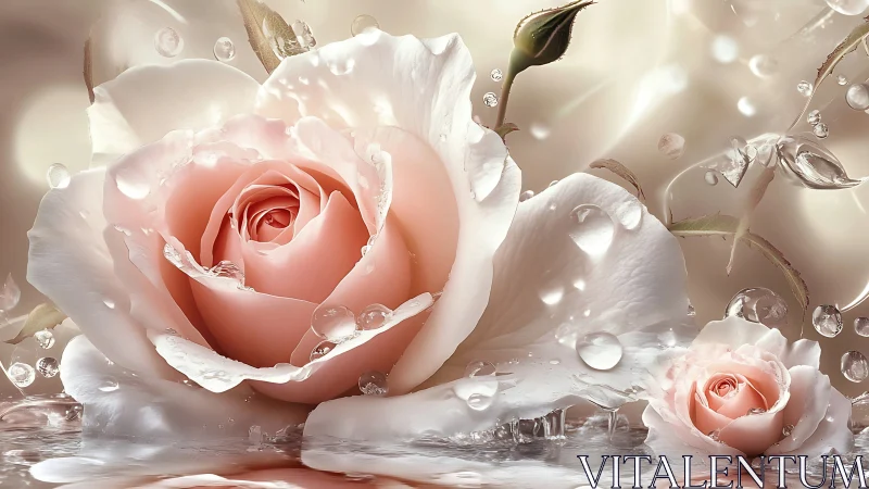 Ethereal Pink Rose Surrounded by Water Droplets and Blurred Blooms
