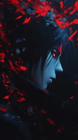 Brooding anime warrior stands in drifting crimson embers