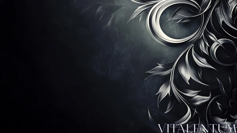 Dark abstract floral curves with metallic leaf pattern.