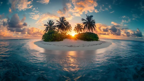 Tropical island at sunset with palm trees in ocean