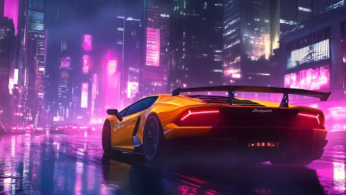 Yellow supercar in neon lit rainy cyberpunk city street.
