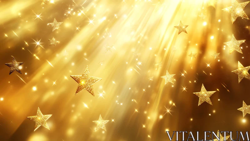 Golden glitter stars cascade through radiant light beams